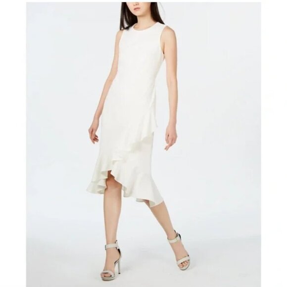 Calvin Klein white sheath midi dress Size 6 ruffle hem sleeveless chic classy - Picture 1 of 13